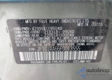 2015 Subaru Impreza 2.0I из США, поврежденный, VIN JF1GJAA66FG013555